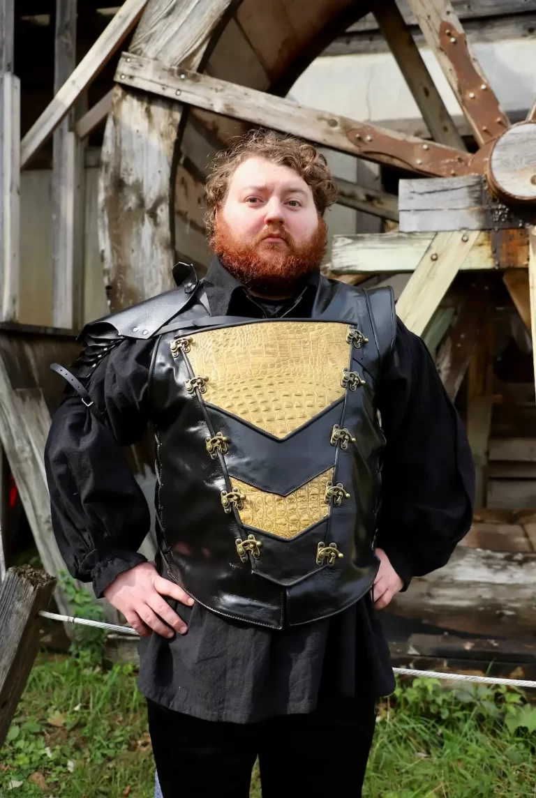 handcrafted leather jerkin modular black gold croc armor brass buckles renaissance design