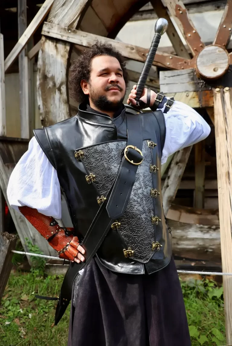 handcrafted leather jerkin modular black pewter twig armor brass buckles renaissance design