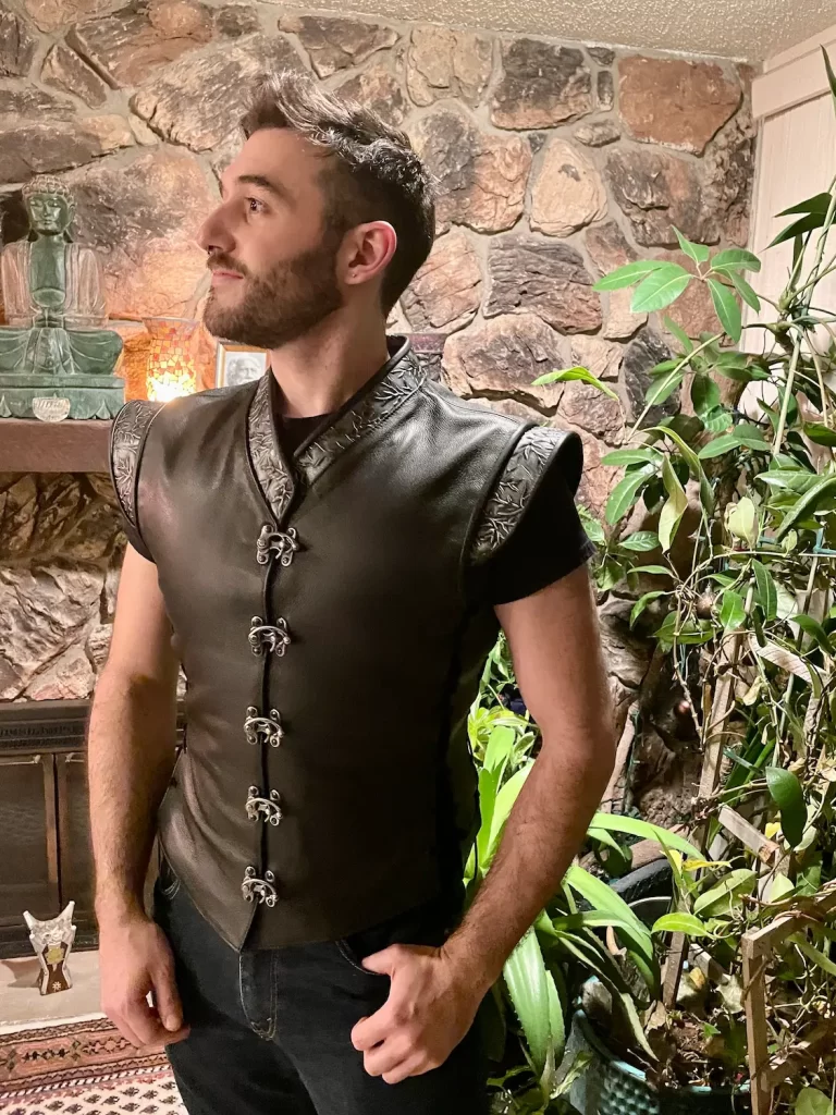 handcrafted leather jerkin vest silver pewter twig silver buckle renaissance design
