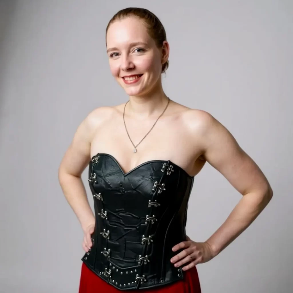 handmade leather corset black texture metal stud work silver buckles renaissance