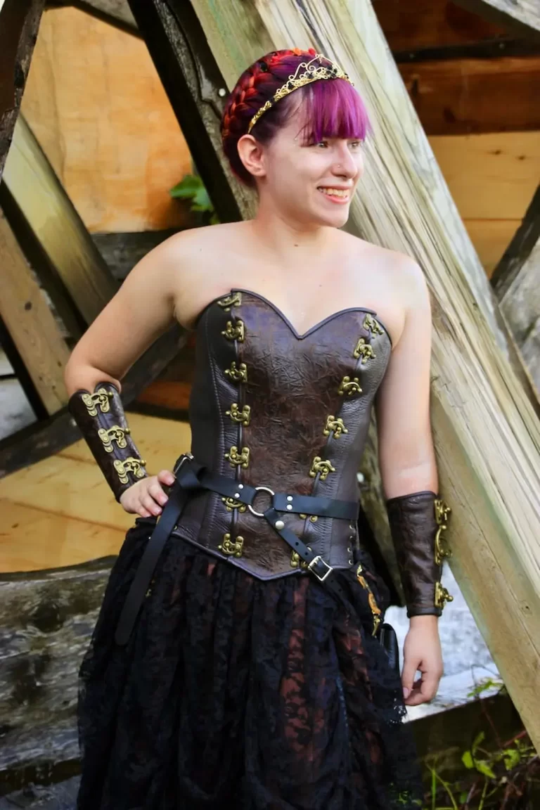 handmade leather sweetheart corset bodice brown texture embossed brass clasps renaissance festival design bracers armor